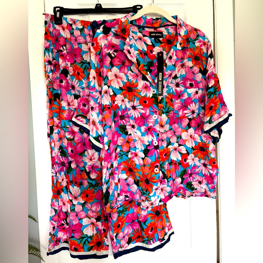 Pink and Red Floral Pajama Top with Black Trim